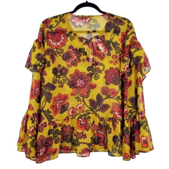 Loft Womens Bell Sleeve Yellow Red Floral Print Ruffle Chiffon Top Size M - Picture 2 of 9